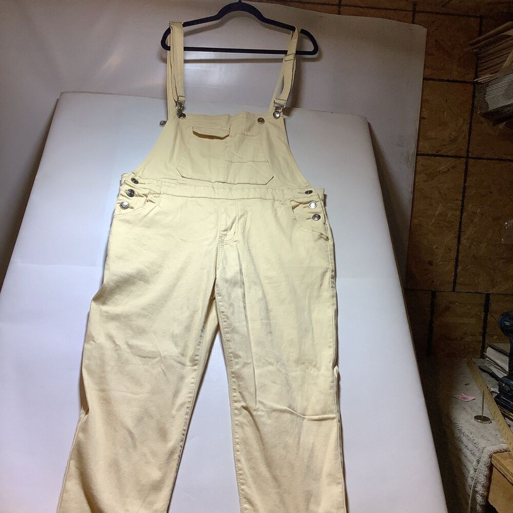 Beige Canvas Cotton Women's Overall Jumpsuit, Sleeveless, Straight Leg, Button - Picture 3 of 16